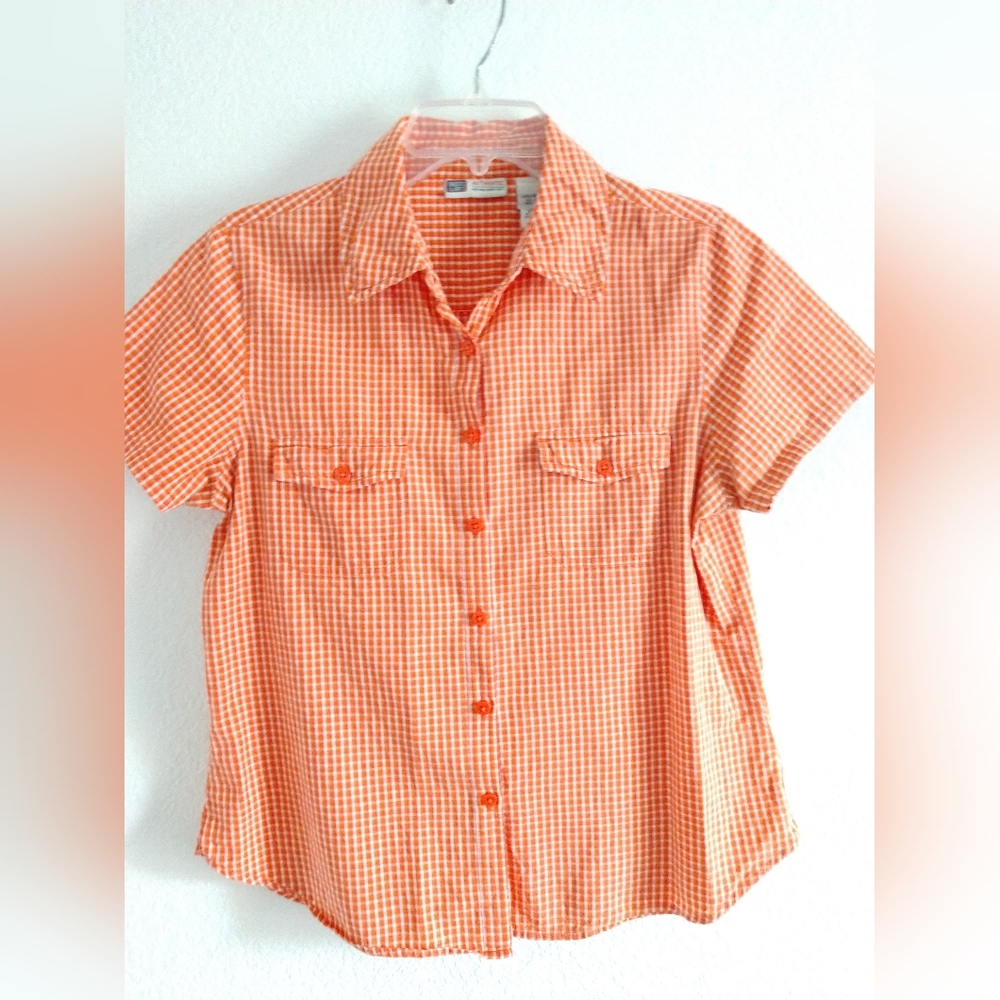Sweet Vintage Faded Glory Orange Gingham Camp Shirt Cottage Mom Juniors Medium